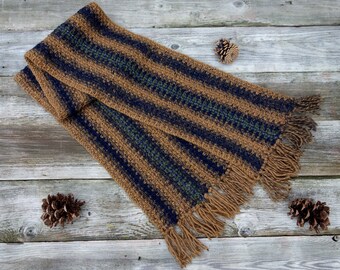 Crochet PATTERN - Moss Fringed Scarf/Striped Winter Cowl/Long Reversible Neckwear/ Unisex/ Men Neckwarmer