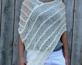 Knitting PATTERN - Thick and Thin Poncho, Asymmetrical Laced Shoulders Cover-up/Convertible Shawl/Loose Knit Caplet/Bridal Wrap