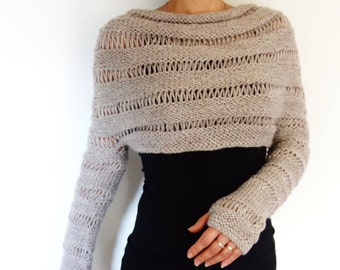 Sweater Knitting PATTERN - Oatmeal Cropped Thumb Hole Sweater/ Chunky Knit Shrug/ Adjustable Length