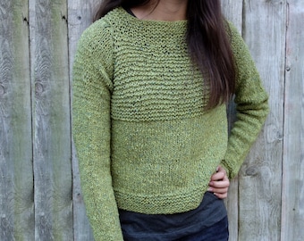 Knitting PATTERN- Moss Sweater/Handknit Cropped Top, Short Pullover, Striped Knitwear Jumper, Asymmetrical Hem
