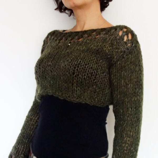 Sweater Knitting PATTERN -  Woodland Cropped Top/ Boho Open Knit Short Sweater/ Modern Rustic HandKnit Shrug/Chunky Laced Knitwear