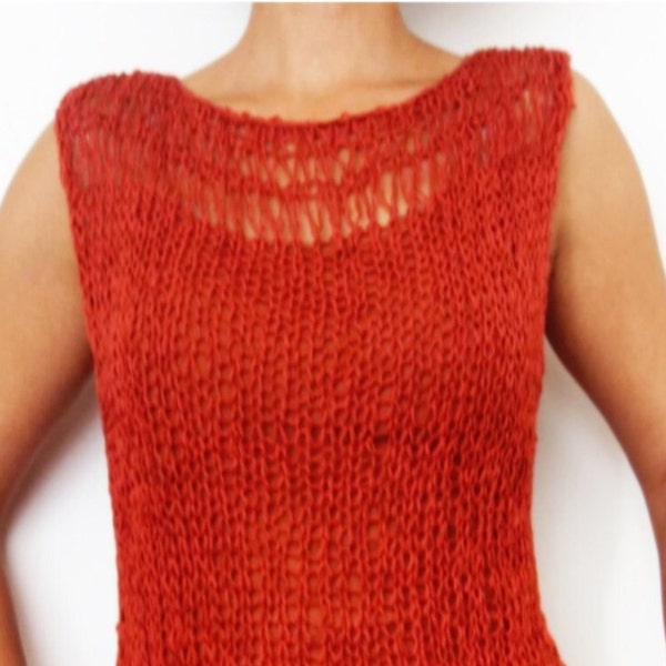 MOTIF à tricoter - Débardeur à bords lacés/Débardeur en coton terracota/Pull d'été sans manches/Couverture ample en tricot