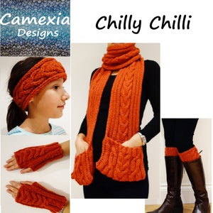 Knitting PATTERN Chilly Chili Pocket Scarf/Ribbed Winter Scarf, Chunky Cable Neck Hand Warmer 画像 3