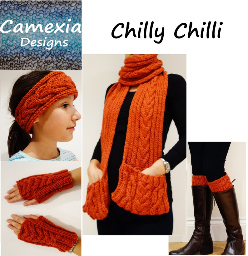 Knitting PATTERN Chilly Chili Pocket Scarf/Ribbed Winter Scarf, Chunky Cable Neck Hand Warmer 画像 3