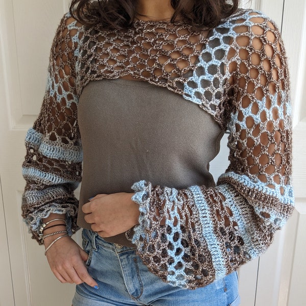 Crochet PATTERN- Bishop Sleeve Crop Top/ Boho Shoulders Coverup/See-through Shrug/ Cropped Mesh Summer Sweater
