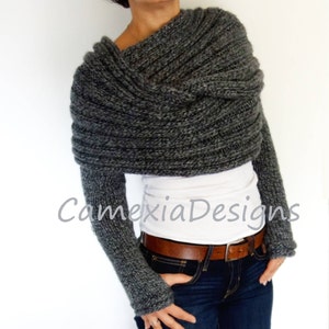 Knitting PATTERN Convertible Scarf with Sleeves/ Wrap Around Thumb Holes Shrug/ Modern Chunky Shoulders Cover-up image 8