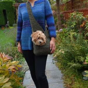 May include: A woman wearing a blue and purple striped sweater carries a green knitted pet carrier with a small brown dog inside.