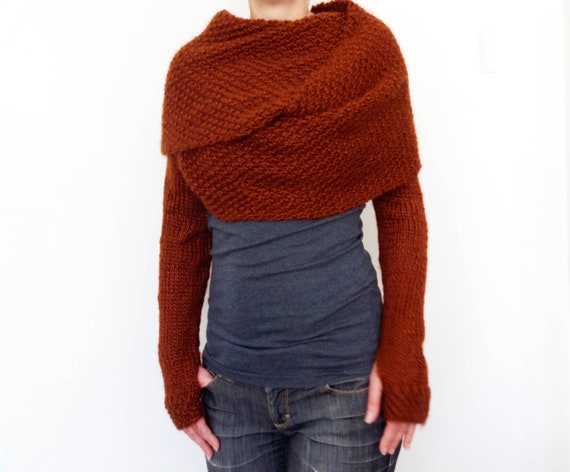 Knitting PATTERN Rust Wrap Around Sweater Scarf Criss cross Thumb Holes Shrug Chunky Shoulders Cover up Scarf With Sleeves Etsy Canada