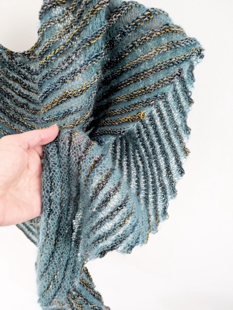 May include: A blue and green striped knitted shawl with a textured pattern. The shawl is made of a soft, lightweight yarn.