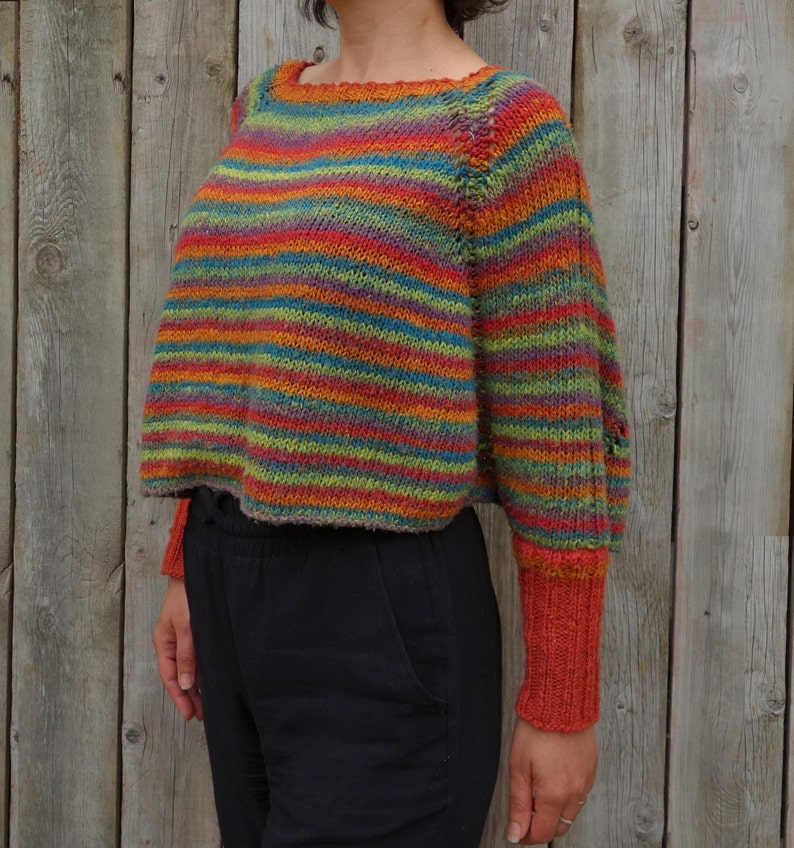 Knitting PATTERN Crocosmia Swoncho/Rainbow Crop Knit Loose Sweater/ Striped Poncho/ Raglan Sleeves Pullover image 4