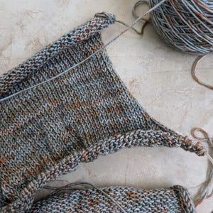 May include: Close-up of a knitting project in progress, featuring a section of knitted fabric in shades of gray, blue, and orange. A ball of yarn in matching colors sits nearby. The texture of the knitted stitches is clearly visible.
