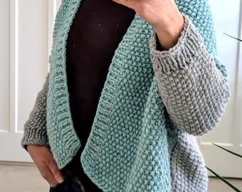 Knitting PATTERN- Gradient Ombre Cardigan, Seed Stitch Cardigan, Two Strand Yarn Fade Cardigan/ Hand Knit Chunky Jacket
