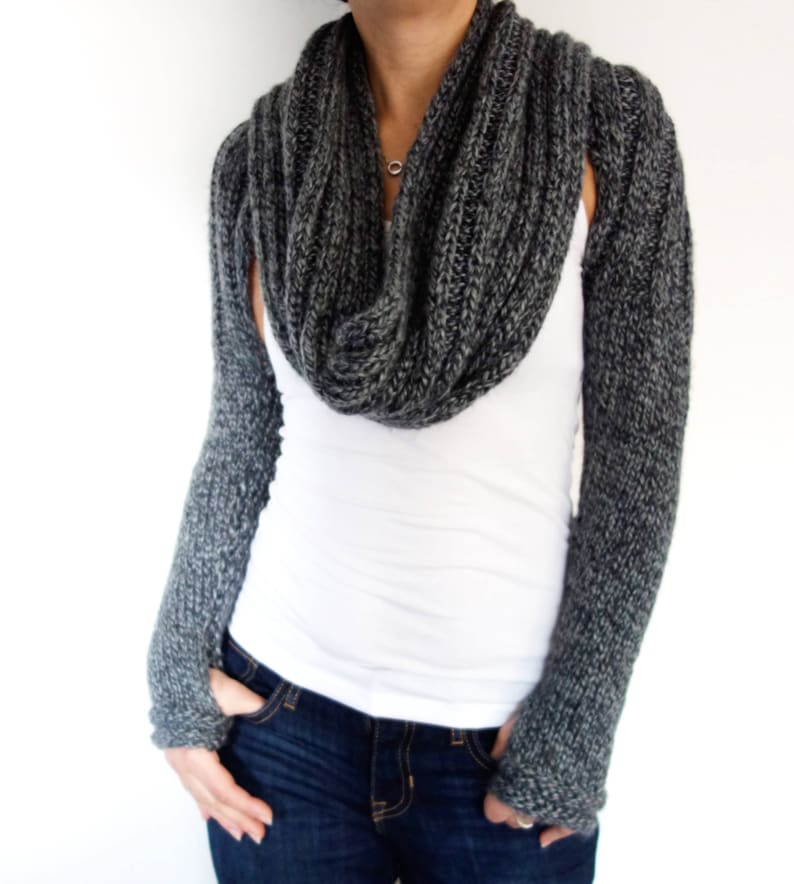 Knitting PATTERN Convertible Scarf with Sleeves/ Wrap Around Thumb Holes Shrug/ Modern Chunky Shoulders Cover-up image 4