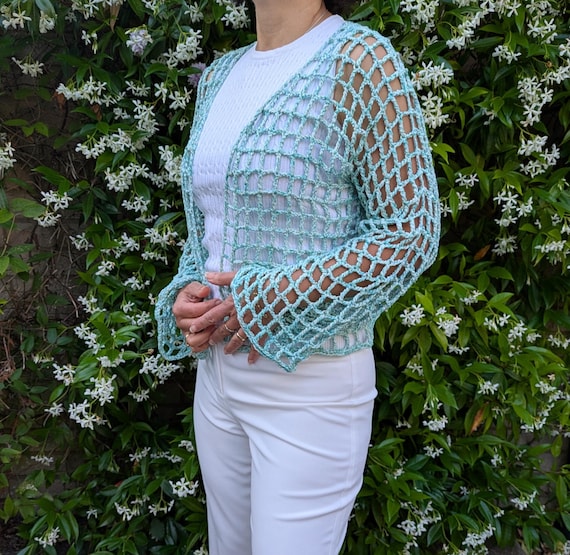 Crochet PATTERN- Square Mesh Cardi/ See-through Shrug/laced