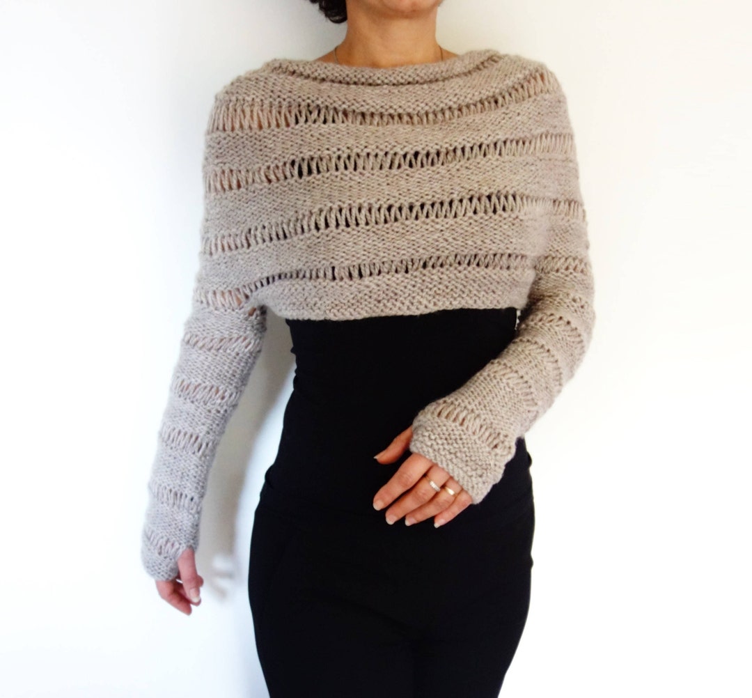 Oatmeal Cropped Thumb Hole Sweater/ Chunky Knit Shrug