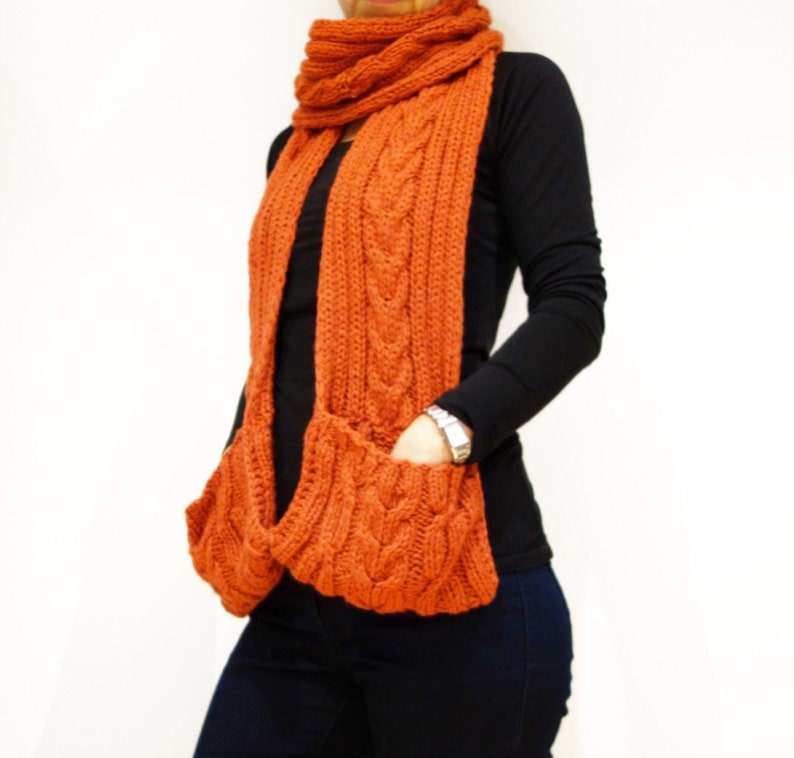 Knitting PATTERN Chilly Chili Pocket Scarf/Ribbed Winter Scarf, Chunky Cable Neck Hand Warmer image 1