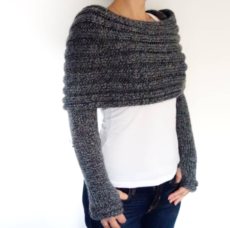 Knitting PATTERN Convertible Scarf with Sleeves/ Wrap Around Thumb Holes Shrug/ Modern Chunky Shoulders Cover-up image 3