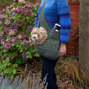 May include: A woman wearing a blue knitted sweater carries a small dog in a green knitted sling bag. The bag has a pocket on the front that holds a cell phone.