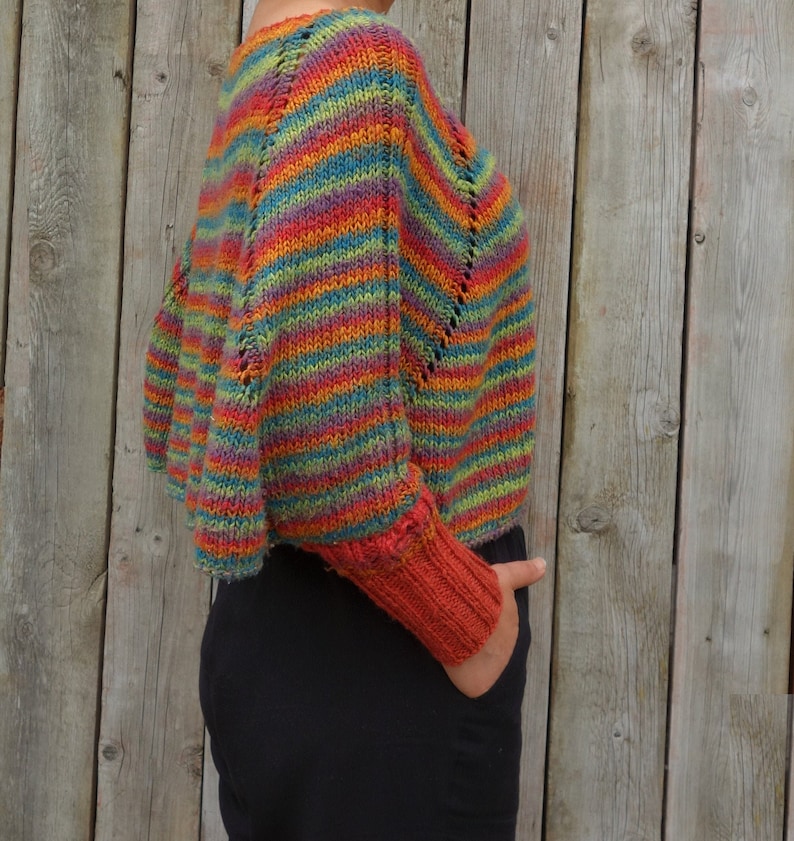 Knitting PATTERN Crocosmia Swoncho/Rainbow Crop Knit Loose Sweater/ Striped Poncho/ Raglan Sleeves Pullover image 3