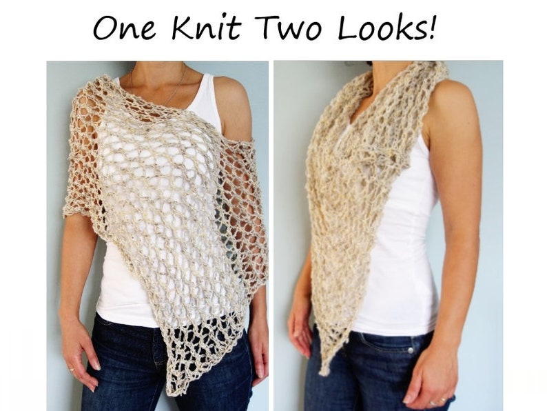 May include: Two ways to wear a beige crochet shawl. The shawl is a lightweight, open-weave design with a triangular shape. One image shows the shawl worn as a scarf, while the other shows it draped over the shoulders.