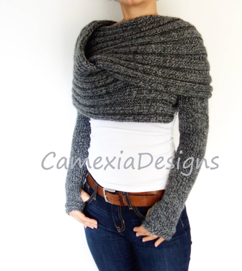 Knitting PATTERN Convertible Scarf with Sleeves/ Wrap Around Thumb Holes Shrug/ Modern Chunky Shoulders Cover-up image 2