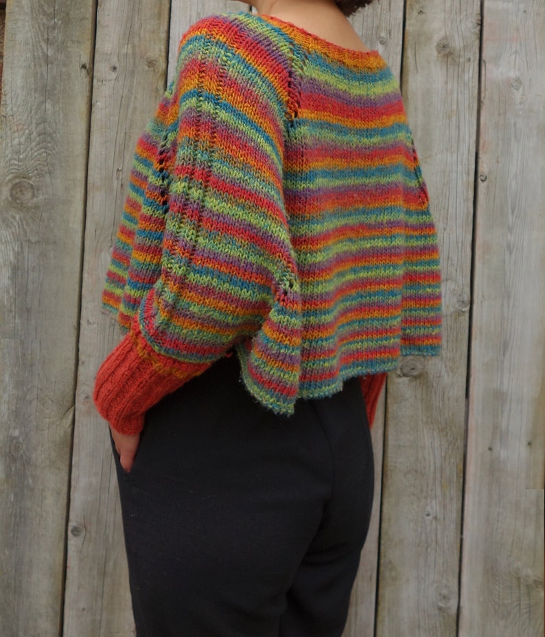 Knitting PATTERN Crocosmia Swoncho/Rainbow Crop Knit Loose Sweater/ Striped Poncho/ Raglan Sleeves Pullover image 1