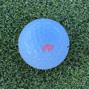 May include: A white golf ball with a red buffalo silhouette logo.
