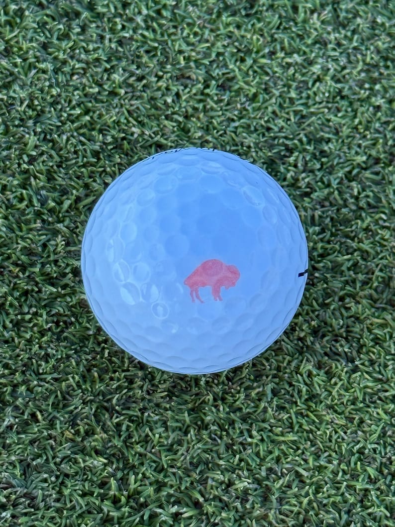 May include: A white golf ball with a red buffalo silhouette logo.