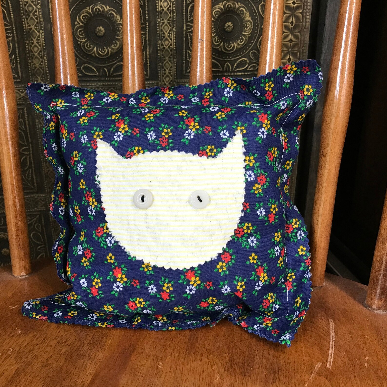 PillowYellow Cat Head on Blue Calico Etsy