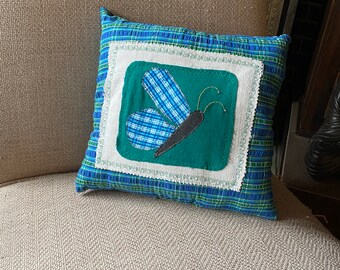 Blue and Green Plaid Butterfly Pillow-Upcycled Fabric