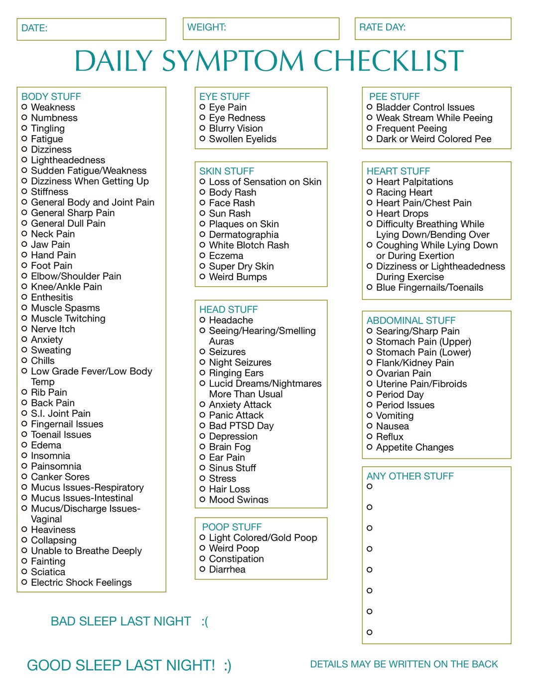ms symptom checklist