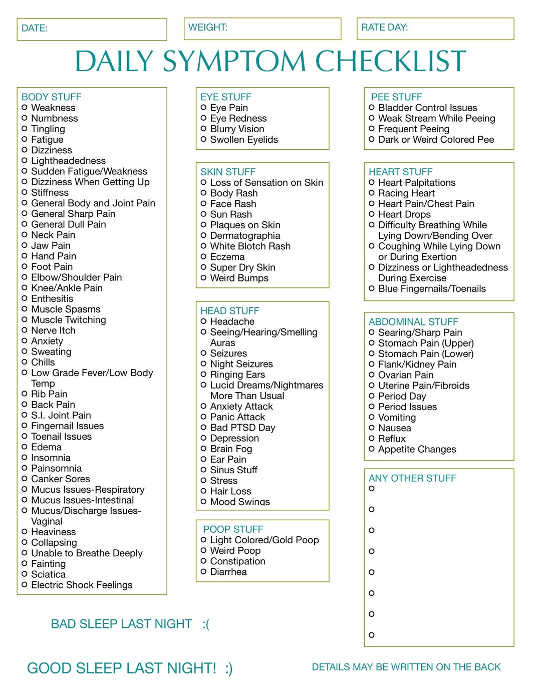 Chronic Illness Easy Symptom Checklistdaily With Monthly Summary Etsy