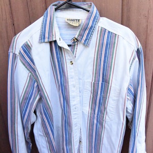 Vintage White Jean Western Stripped Denim Long Sleeve Button Up Size Medium