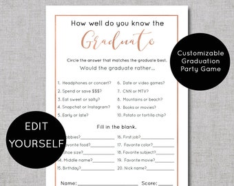 Editable Graduation Party Games Digital Download, Rose Gold Graduation Party Decorations, How Well Do You Know the Graduate Printable