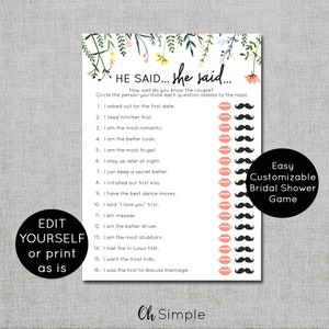 He said She Said Bridal Shower Game, Custom Shower Bride or Groom Game Template, Wedding Shower Activity Ideas