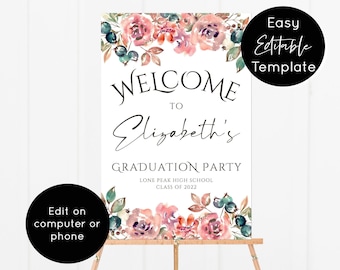 Floral Graduation Party Welcome Sign Canva Template, Grad Party Decorations DIY, Girls Senior Photo Graduation Board