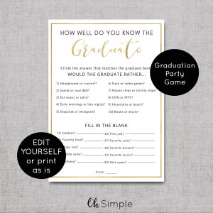 Editable Graduation Party Games Instant Download, Custom Graduation Party Decorations, How Well Do You Know the Graduate Printable