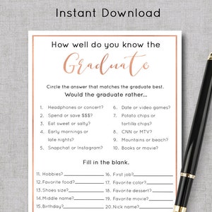 May include: A printable game for a graduation party. The game asks "How well do you know the graduate?" and includes questions about the graduate's hobbies, favorite food, and other personal details. The game is designed to be played by guests at a graduation party.