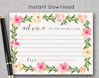 Advice for the Bride Card | Floral Bridal Shower Game Printable | Wedding Shower Advice Instant Download | Bachelorette Party Printable