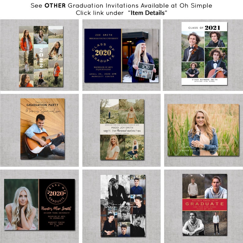 May include: A collage of graduation invitations with different designs and layouts. The invitations feature photos of graduates, graduation dates, and school names. Some invitations have a collage of photos, while others have a single photo. The invitations are in various colors, including red, blue, green, and gold.