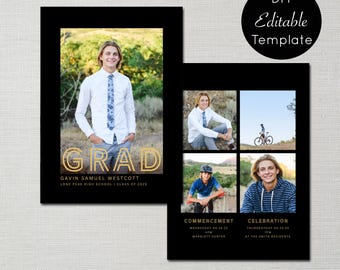 May include: A black and gold graduation announcement with a photo of a young man in a blue shirt and tie. The announcement includes the text "GRAD", "Gavin Samuel Westcott", "Lone Peak High School", "Class of 2025", "Commencement", "Wednesday 04.24.25", "4PM", "Marriott Center", "Celebration", "Thursday 04.25.25", "7PM", "At the Smith Residence", "Oh Simple", and "@Lexiraephotography".