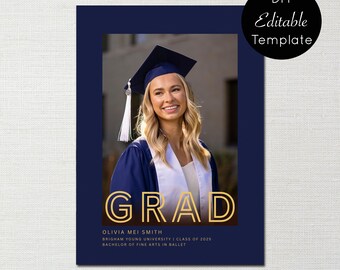 Può includere: Un modello di annuncio di laurea blu e oro con una foto di un laureato che indossa un cappello e una toga. Il testo recita "GRAD", "Olivia Mei Smith", "Brigham Young University | Classe del 2025" e "Bachelor of Fine Arts in Ballet".