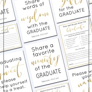 May include: A set of printable cards for a graduation party. The cards are white with black and gold text. The text on the cards includes "Share words of wisdom with the graduate", "Share a favorite memory of the graduate", and "How well do you know the graduate?"