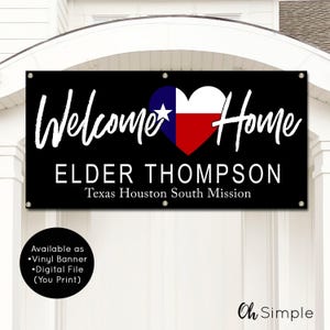 The image is a banner for Elder Thompson's Welcome Home, Texas Houston South Mission.