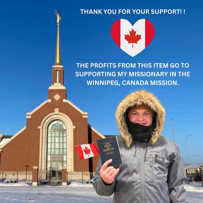 A person holding a book and wearing a fur-lined hooded jacket stands in front of a red brick church with a golden spire, holding a Canadian flag.