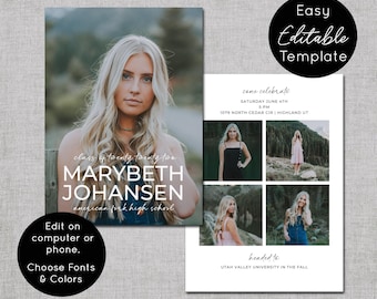 May include: A graduation announcement template featuring a photo of a young woman with long blonde hair. The announcement includes the graduate's name, Marybeth Johansen, and the school name. Additional text includes event details and the phrase "Easy Editable Template."