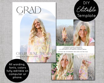 Graduation Invitation Template for Girls, Photo Graduation Party Invitations or Commencement Invites