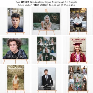 May include: A collage of graduation signs featuring photos of graduates and their names. The signs are on easels and have a variety of backgrounds and designs.