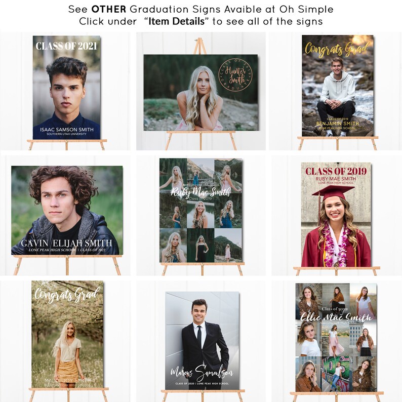 May include: A collage of graduation signs featuring photos of graduates and their names. The signs are on easels and have a variety of backgrounds and designs.