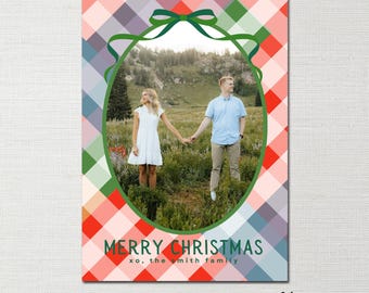 Bow Christmas Card Template in Canva,  Modern Plaid Family Holiday Photo Card Template